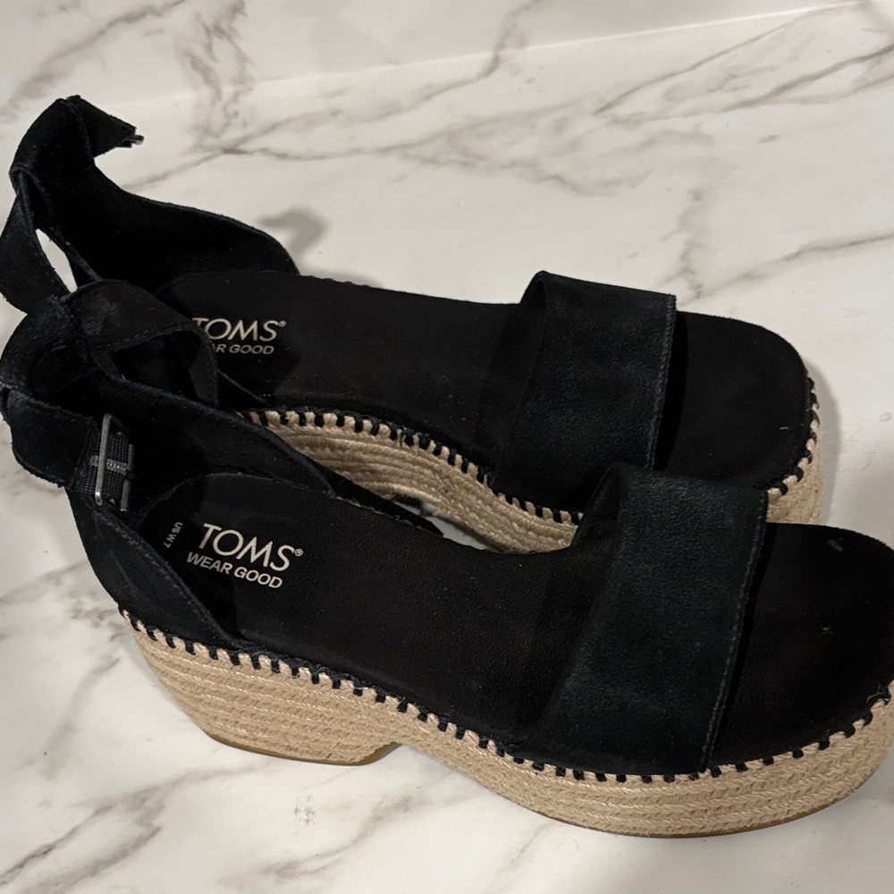 TOMS Black and Tan Wedge Sandals